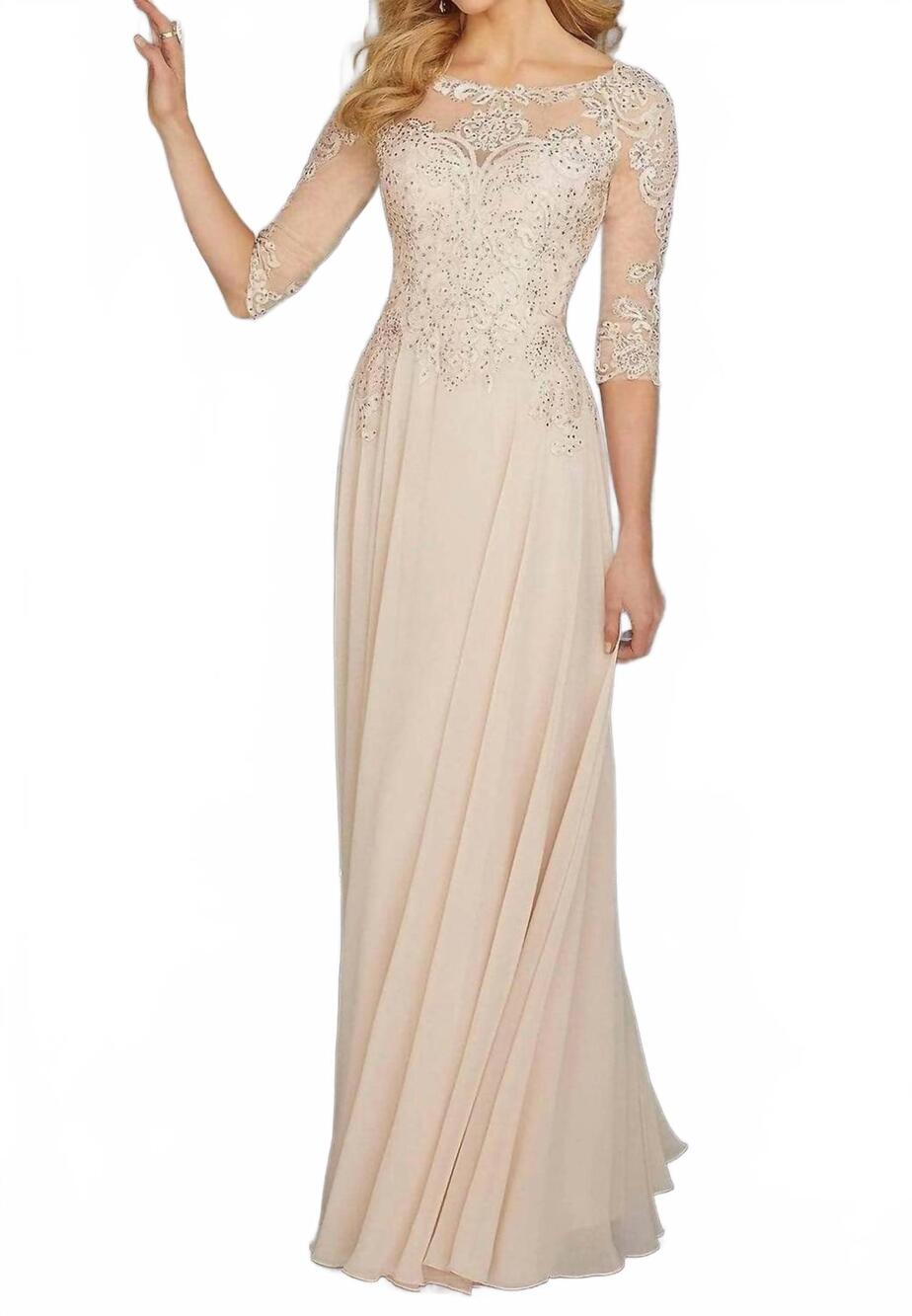 NEW MGNY quarter sleeve a-line formal maxi dress in champagne